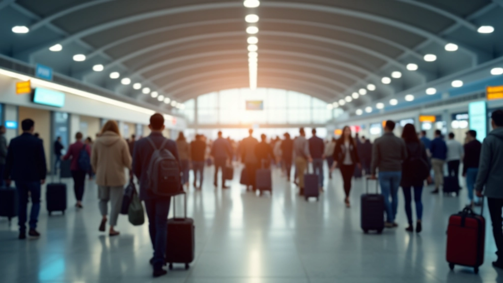 Airport departure hall with diverse travelers with luggage, representing mobility and freedom of movement within EU