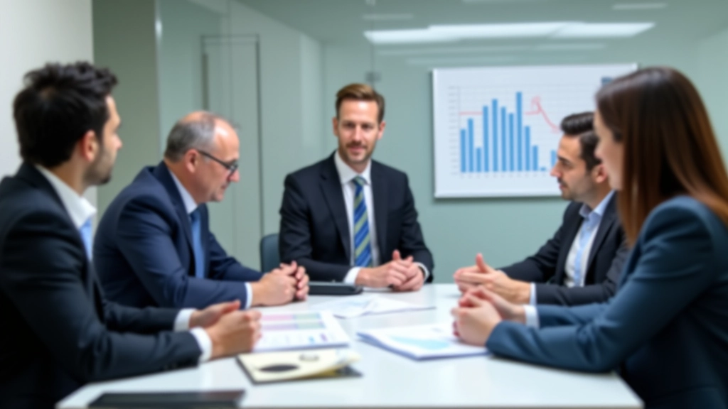 Professional meeting room with diverse team reviewing documents and charts, representing regulatory compliance and business coordination