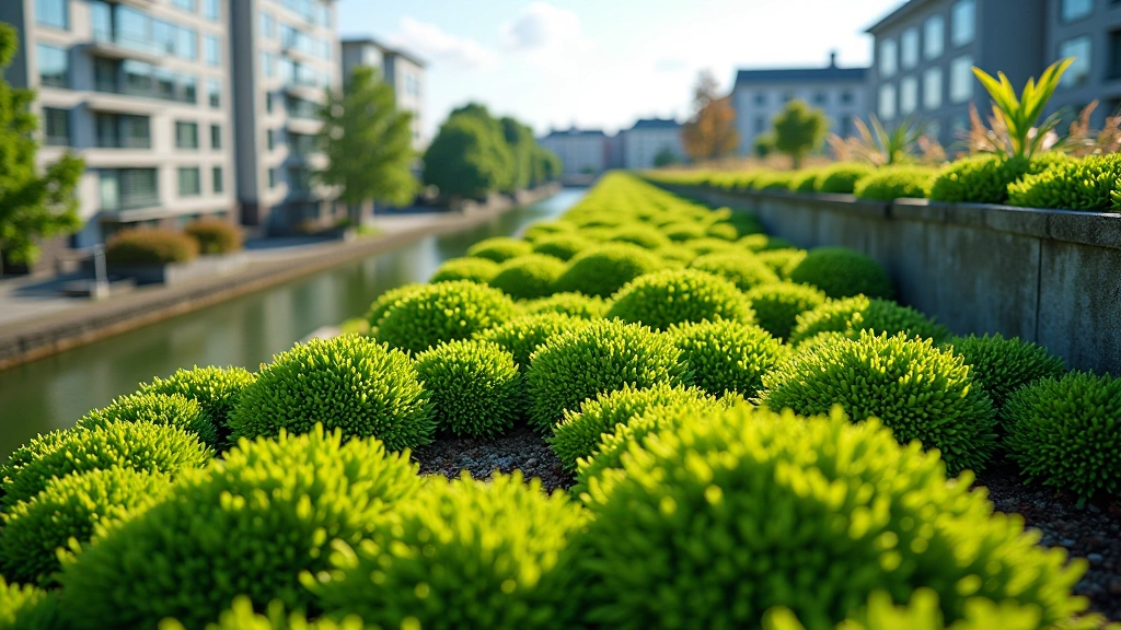 Roheline katus linnablokil Tallinnas, kasvavate taimedega ja drenaažisüsteemiga nähtav