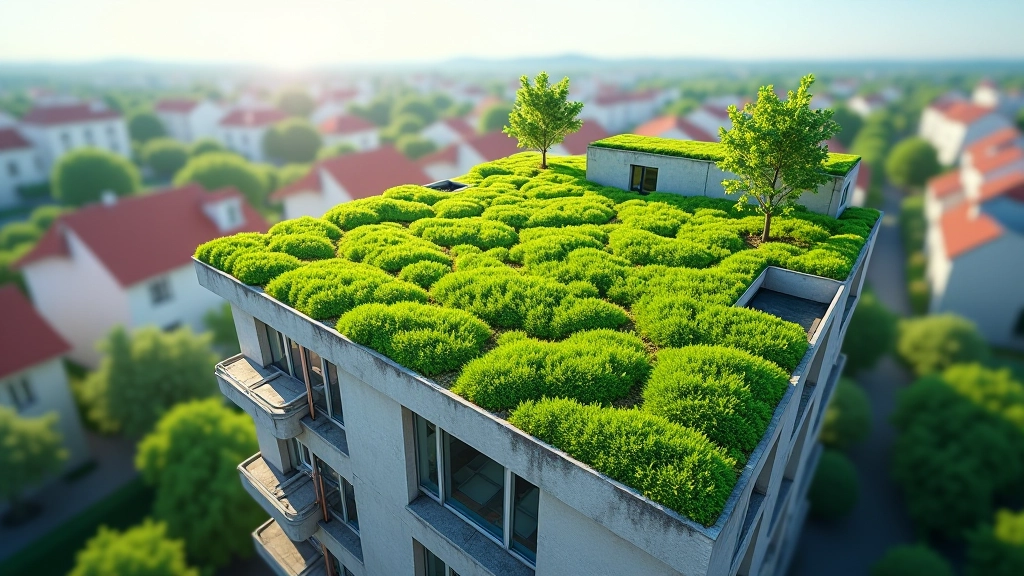 Roheline katus linnablokil päiksese käes, kasvavate taimedega ja drenaažisüsteemiga