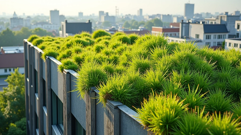 Roheline katus linnaplokkil, taimed ja drenaažisüsteem