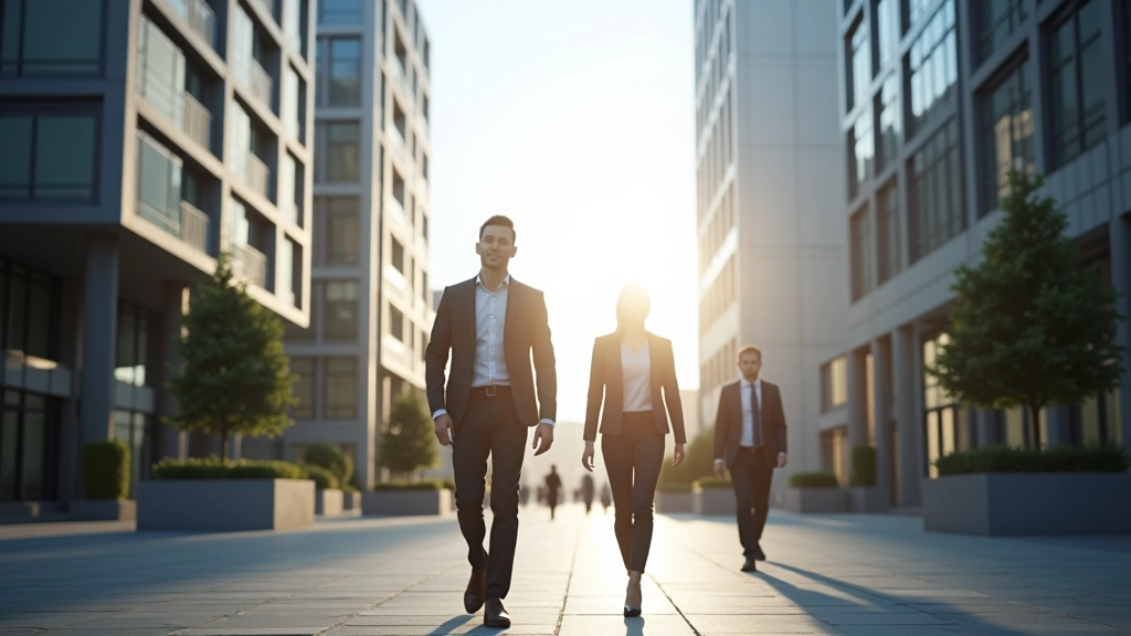Financial district with modern office buildings and business people walking, representing economic development and EU integration