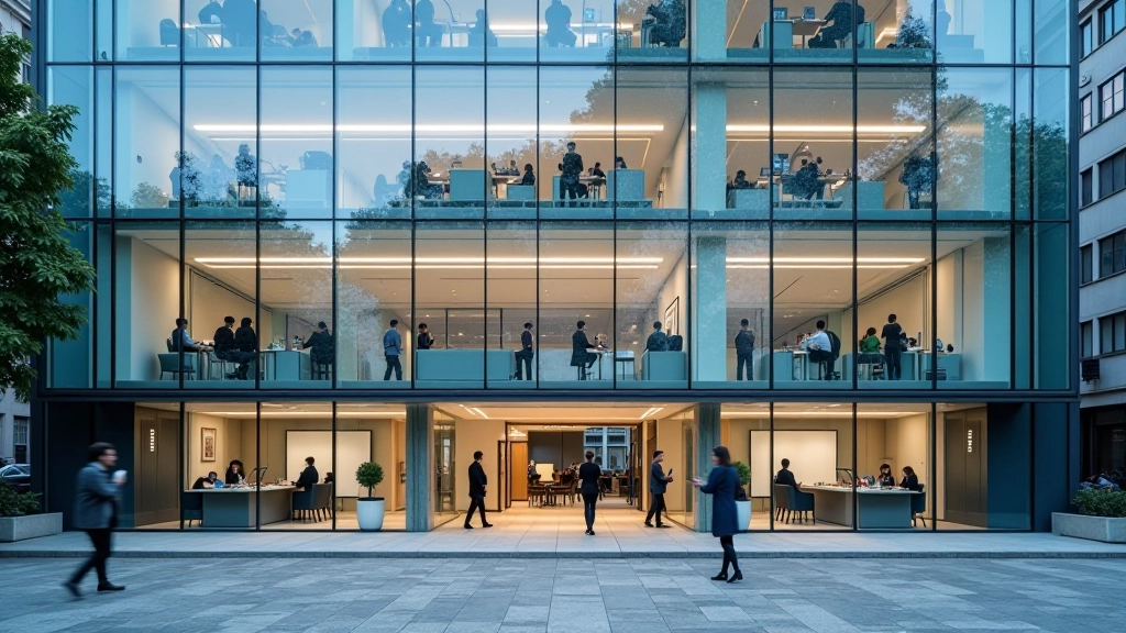 Modern office building in downtown Lisbon with multiple workers visible through glass windows during business hours