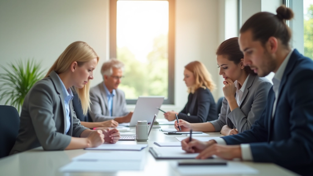 Office environment with workers collaborating on employment analysis