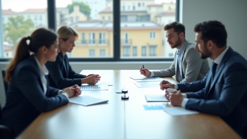 Team of professionals in business meeting reviewing employment trends report with charts and analysis documents spread across conference table