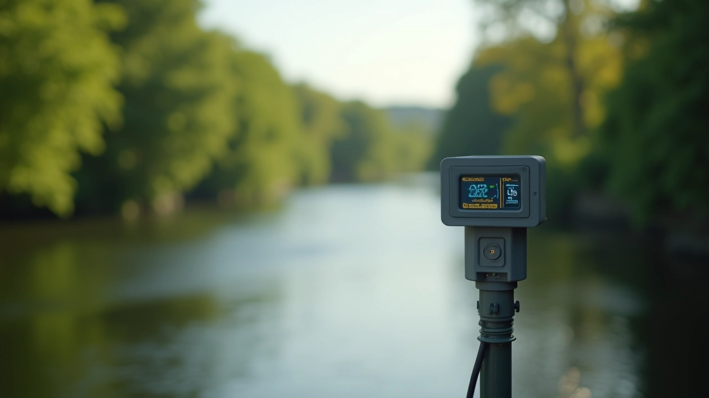 Digitaalse seire andurid jõe peal, veeseire seadmed paigaldatud, puud ja looduslik taustus