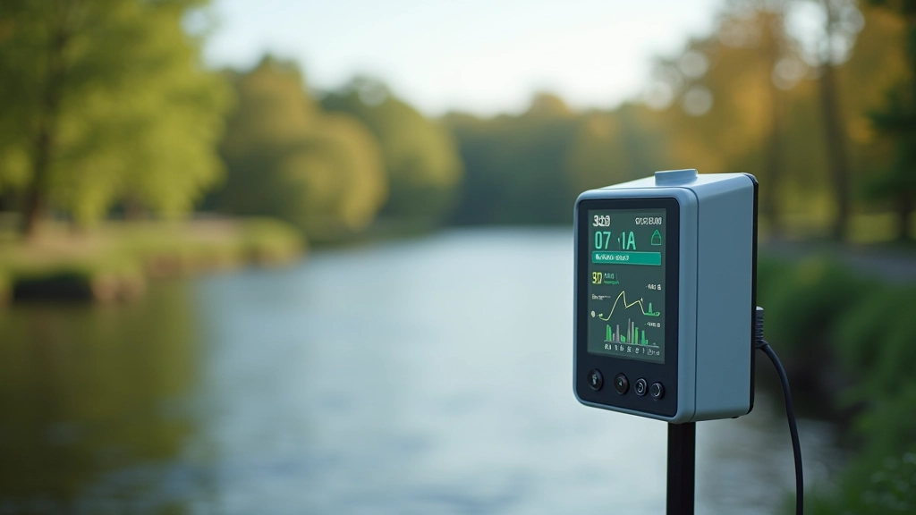 Vee kvaliteedi mõõtmise seadmed paigaldatud jõe äärde, kus näha digitaalse ekraani andmeid