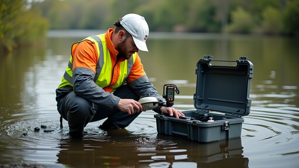 Andurite paigaldamine jõesse, kus näha kaevajat ja mõõtmisvarustust