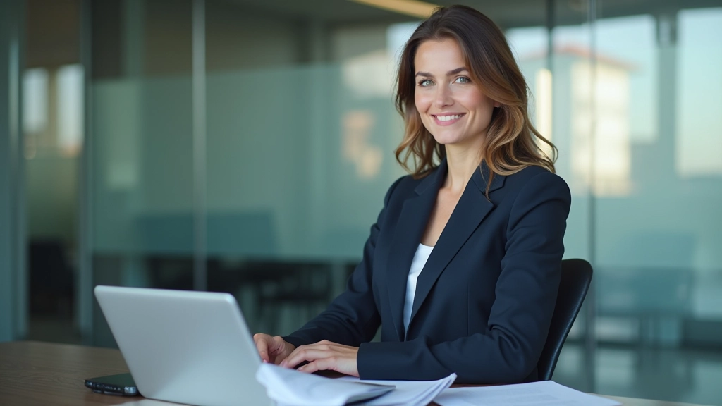 Professional woman at a standing desk in a modern tech office with multiple monitors displaying employment statistics and market data